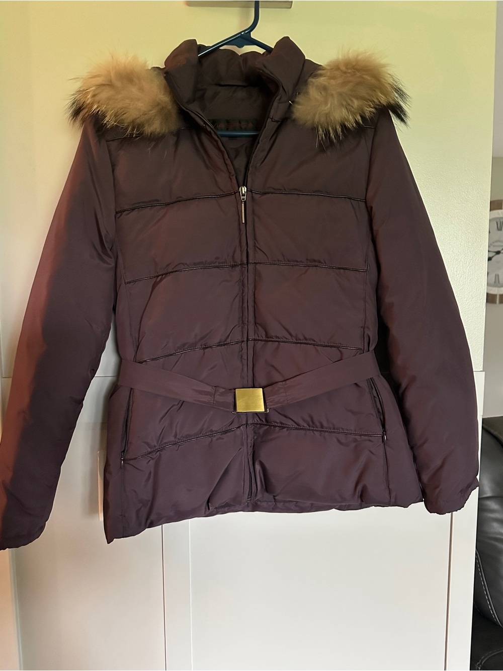 Via Spiga duck down Women’s Plum Belted Puffer Coat with Fur Hood